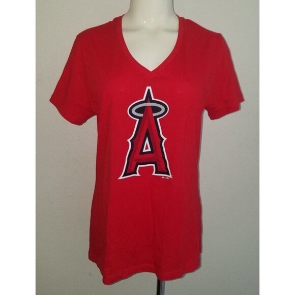 NWT Los Angeles Angels Women's Red V-neck Tee Size Medium Majestic MLB Baseball - Picture 1 of 9
